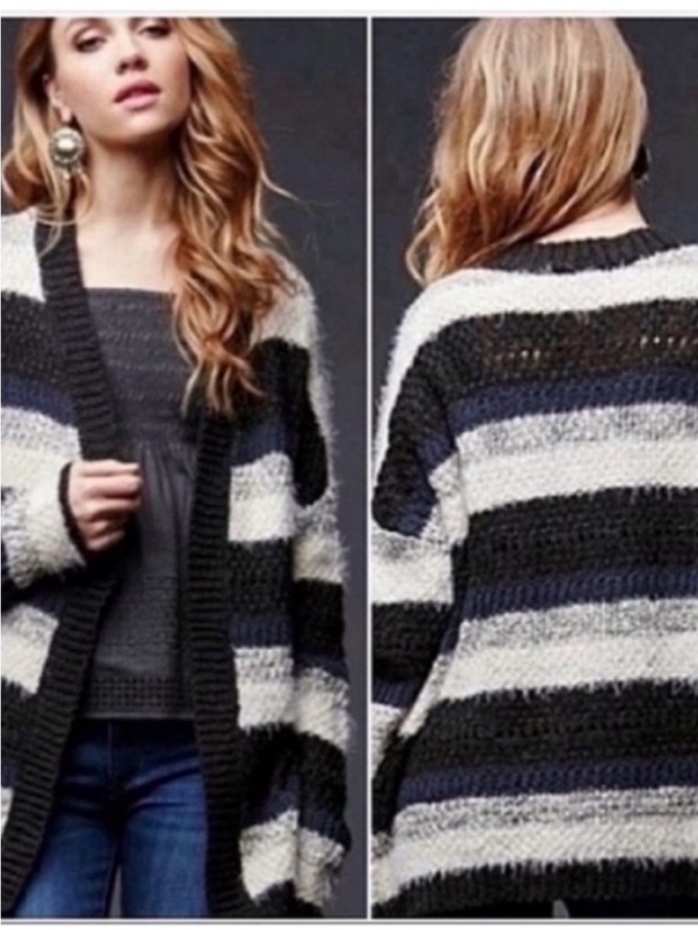 House of Harlow 1960 sweater navy striped eyelash open front